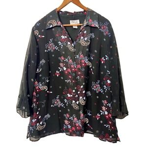 Style&Co Collection Woman Black Floral Paisley Silk Bell Sleeve Blouse Top 20W‎